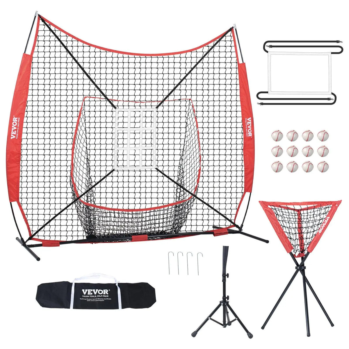 【Summerfinds】Vevor 7X7 Ft Baseball Softball Practice Net, Portable Baseball Training Net for Hitting Batting Catching Pitching, Backstop Baseball Equipment with Bow Frame, Carry Bag, Strike Zone, Ball, Batting Tee
