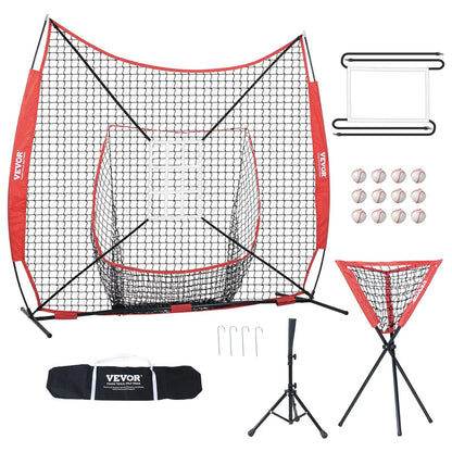 【Summerfinds】Vevor 7X7 Ft Baseball Softball Practice Net, Portable Baseball Training Net for Hitting Batting Catching Pitching, Backstop Baseball Equipment with Bow Frame, Carry Bag, Strike Zone, Ball, Batting Tee