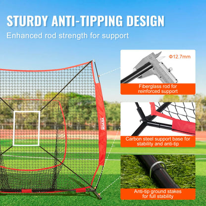 【Summerfinds】Vevor 7X7 Ft Baseball Softball Practice Net, Portable Baseball Training Net for Hitting Batting Catching Pitching, Backstop Baseball Equipment with Bow Frame, Carry Bag, Strike Zone, Ball, Batting Tee