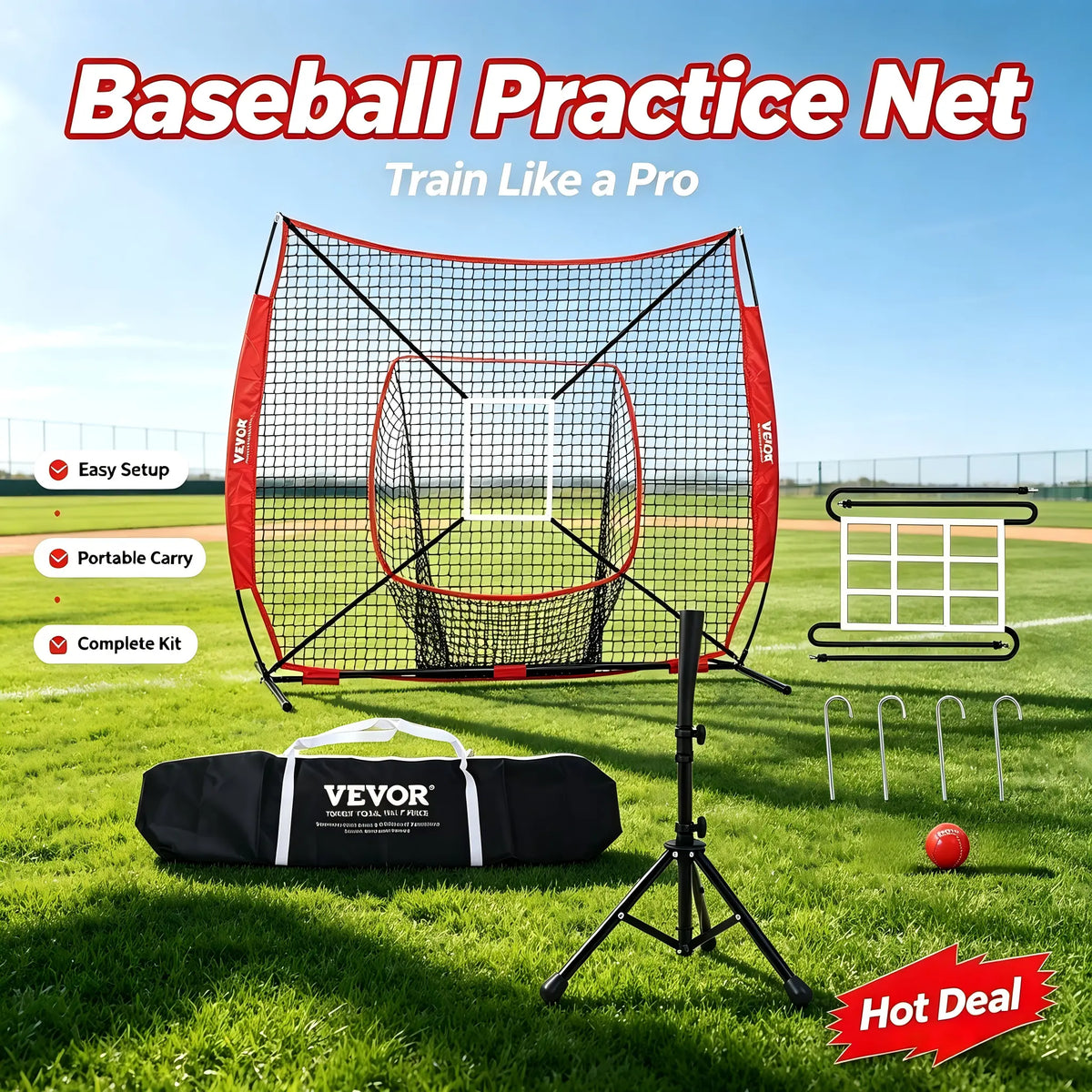 【Summerfinds】Vevor 7X7 Ft Baseball Softball Practice Net, Portable Baseball Training Net for Hitting Batting Catching Pitching, Backstop Baseball Equipment with Bow Frame, Carry Bag, Strike Zone, Ball, Batting Tee