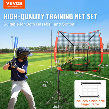 【Summerfinds】Vevor 7X7 Ft Baseball Softball Practice Net, Portable Baseball Training Net for Hitting Batting Catching Pitching, Backstop Baseball Equipment with Bow Frame, Carry Bag, Strike Zone, Ball, Batting Tee