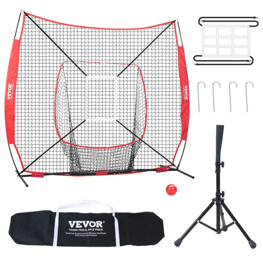 【Summerfinds】Vevor 7X7 Ft Baseball Softball Practice Net, Portable Baseball Training Net for Hitting Batting Catching Pitching, Backstop Baseball Equipment with Bow Frame, Carry Bag, Strike Zone, Ball, Batting Tee