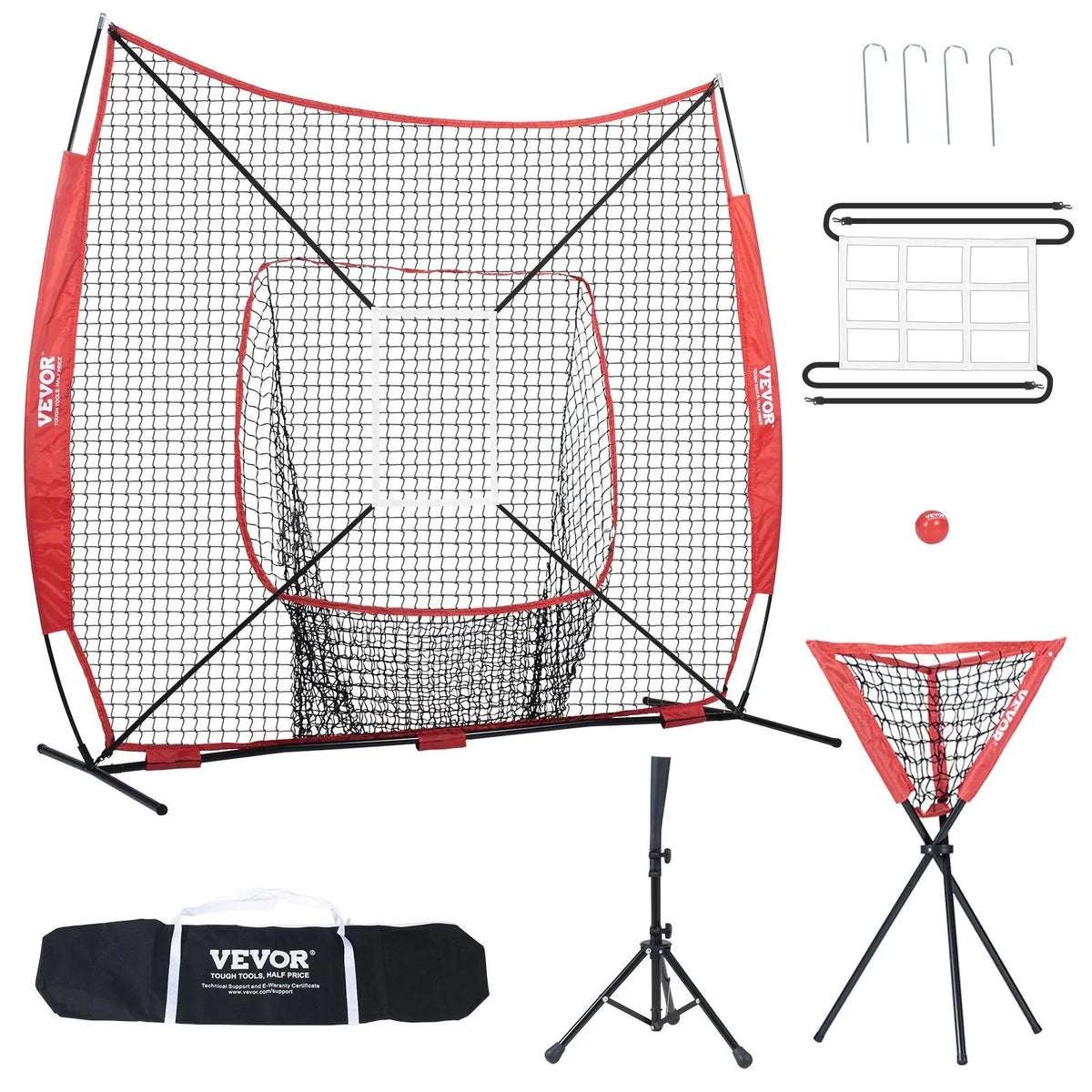【Summerfinds】Vevor 7X7 Ft Baseball Softball Practice Net, Portable Baseball Training Net for Hitting Batting Catching Pitching, Backstop Baseball Equipment with Bow Frame, Carry Bag, Strike Zone, Ball, Batting Tee