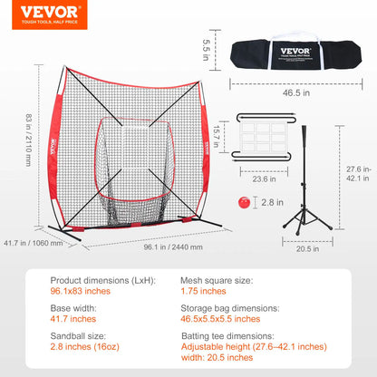 【Summerfinds】Vevor 7X7 Ft Baseball Softball Practice Net, Portable Baseball Training Net for Hitting Batting Catching Pitching, Backstop Baseball Equipment with Bow Frame, Carry Bag, Strike Zone, Ball, Batting Tee